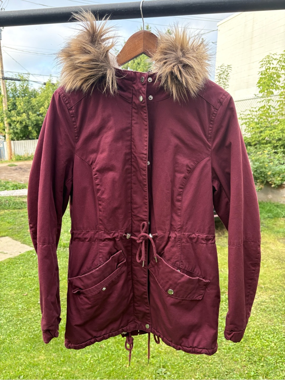 Women's H&M Burgundy Hooded Parka Jacket with Faux Fur Trim